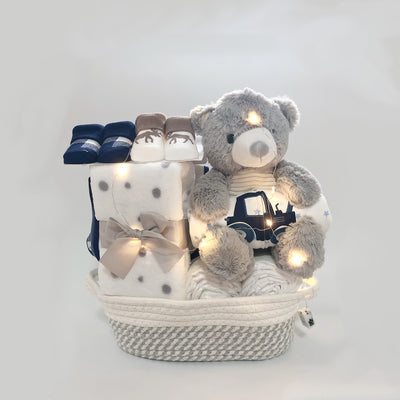 New Born Baby Boy LED Light Diaper Layette Toy Blanket Bear Moose Bulldozer Gift Hamper - Little Kooma
