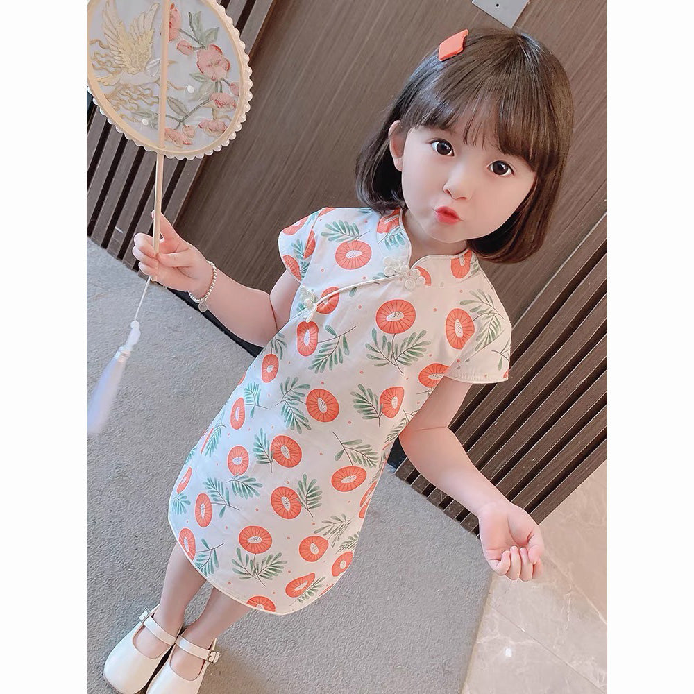 Baby Kids Girls Beige w Blue Butterflies Cheongsam Dress Racial Harmony Day CNY Chinese New Year Outfit - Little Kooma