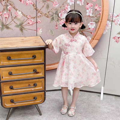 Kids Girls Flare Sleeves Floral Cheongsam Dress Pink w Pink Flowers Racial Harmony Day CNY Chinese New Year Outfit - Little Kooma