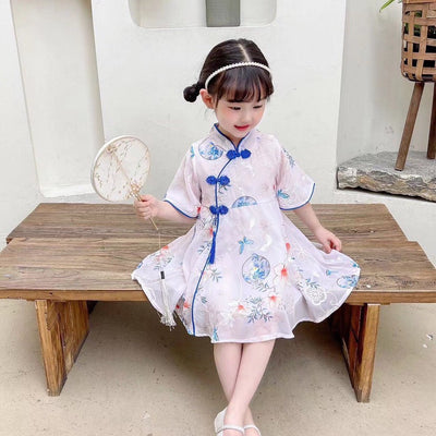 Kids Girls Flare Sleeves Floral Cheongsam Dress Pink w Blue Flowers Racial Harmony Day CNY Chinese New Year Outfit - Little Kooma