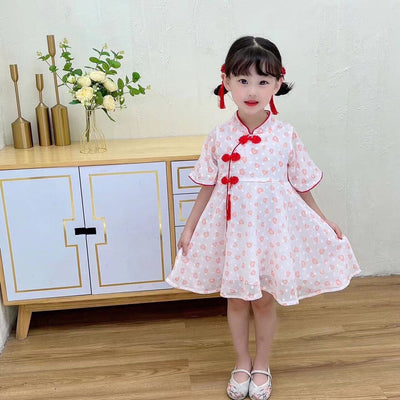 Kids Girls Flare Sleeves Floral Cheongsam Dress Pink w Hearts Racial Harmony Day CNY Chinese New Year Outfit - Little Kooma