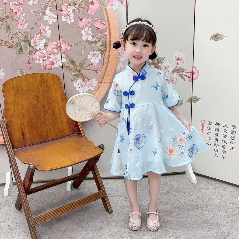Kids Girls Flare Sleeves Floral Cheongsam Dress Pink w Hearts Racial Harmony Day CNY Chinese New Year Outfit - Little Kooma