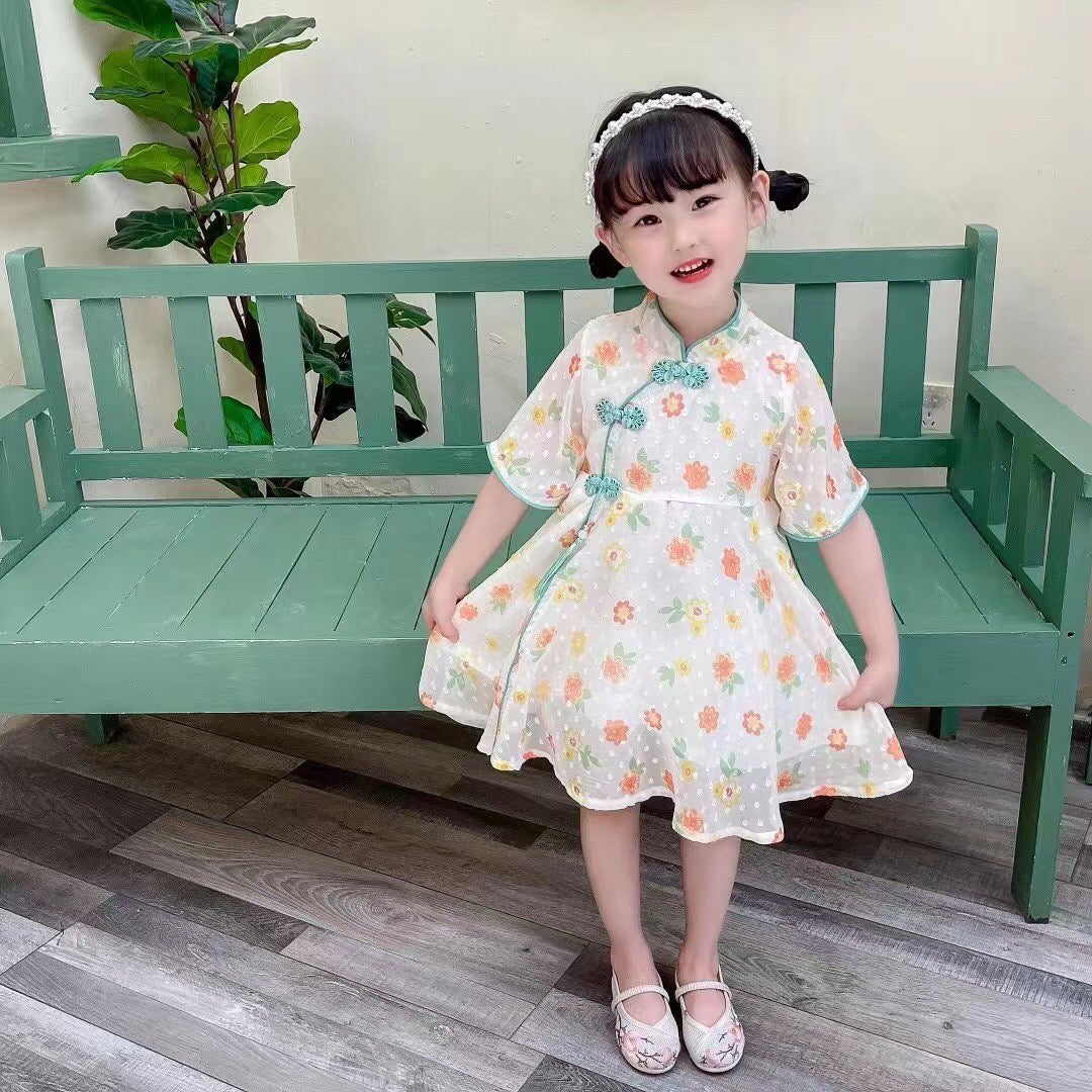 Kids Girls Flare Sleeves Floral Cheongsam Dress Pink w Flowers n Auspicious Clouds Racial Harmony Day CNY Chinese New Year Outfit - Little Kooma