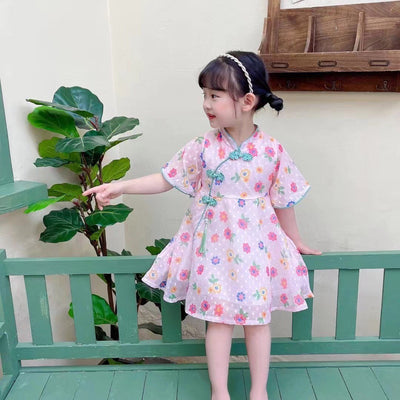 Kids Girls Flare Sleeves Floral Cheongsam Dress Blue w Flowers n Auspicious Clouds Racial Harmony Day CNY Chinese New Year Outfit - Little Kooma