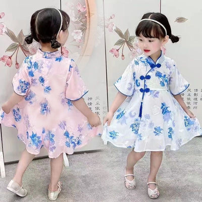 Kids Girls Flare Sleeves Floral Cheongsam Dress Pink w Hearts Racial Harmony Day CNY Chinese New Year Outfit - Little Kooma