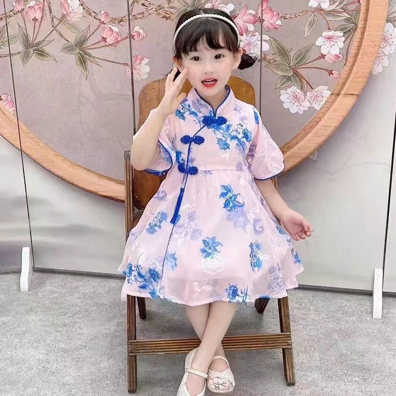 Kids Girls Flare Sleeves Floral Cheongsam Dress Pink w Colourful Flowers Racial Harmony Day CNY Chinese New Year Outfit - Little Kooma