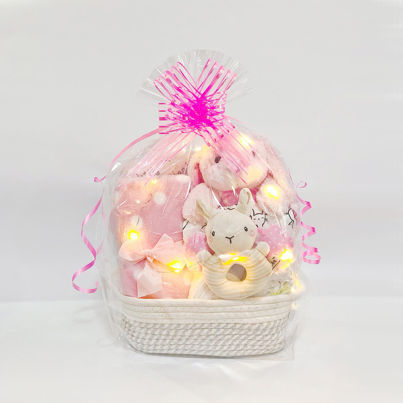 New Born Baby Girl LED Light Diaper Layette Toy Receiving Blanket Pillow Romper Pink Bunny Gift Hamper - Little Kooma