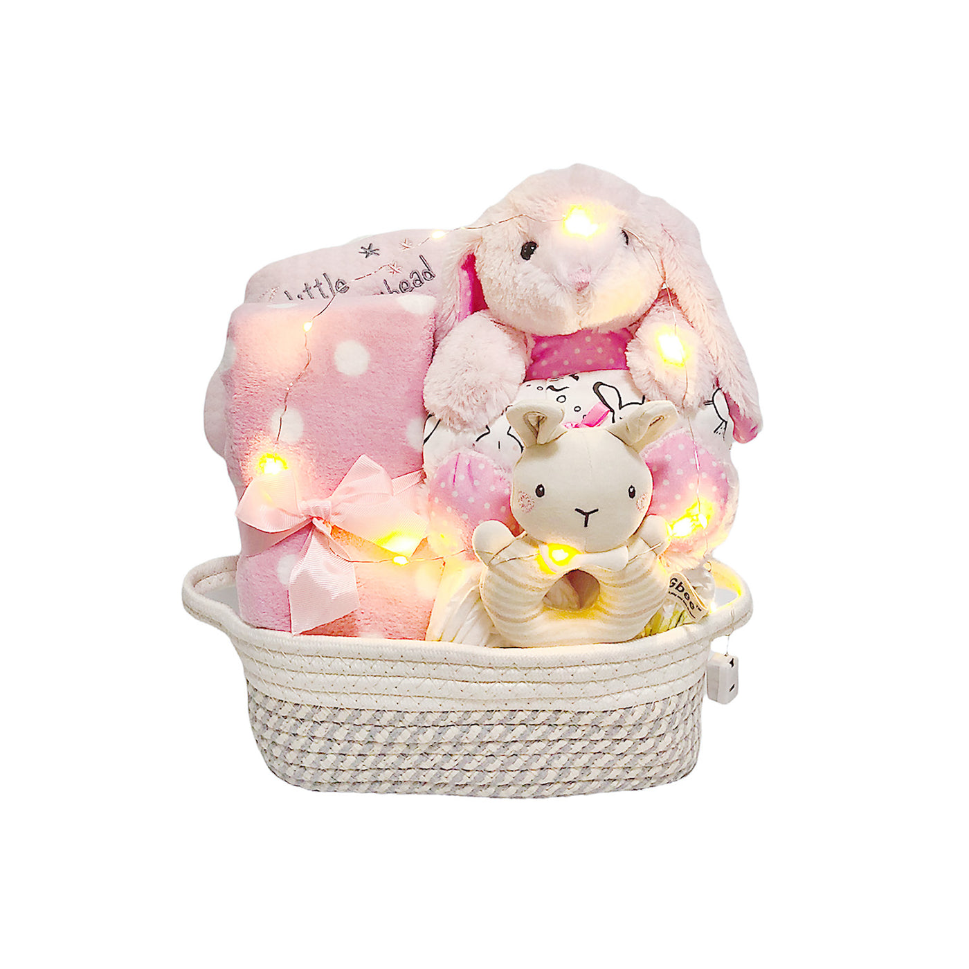 New Born Baby Girl LED Light Diaper Layette Toy Receiving Blanket Pillow Romper Pink Bunny Gift Hamper - Little Kooma