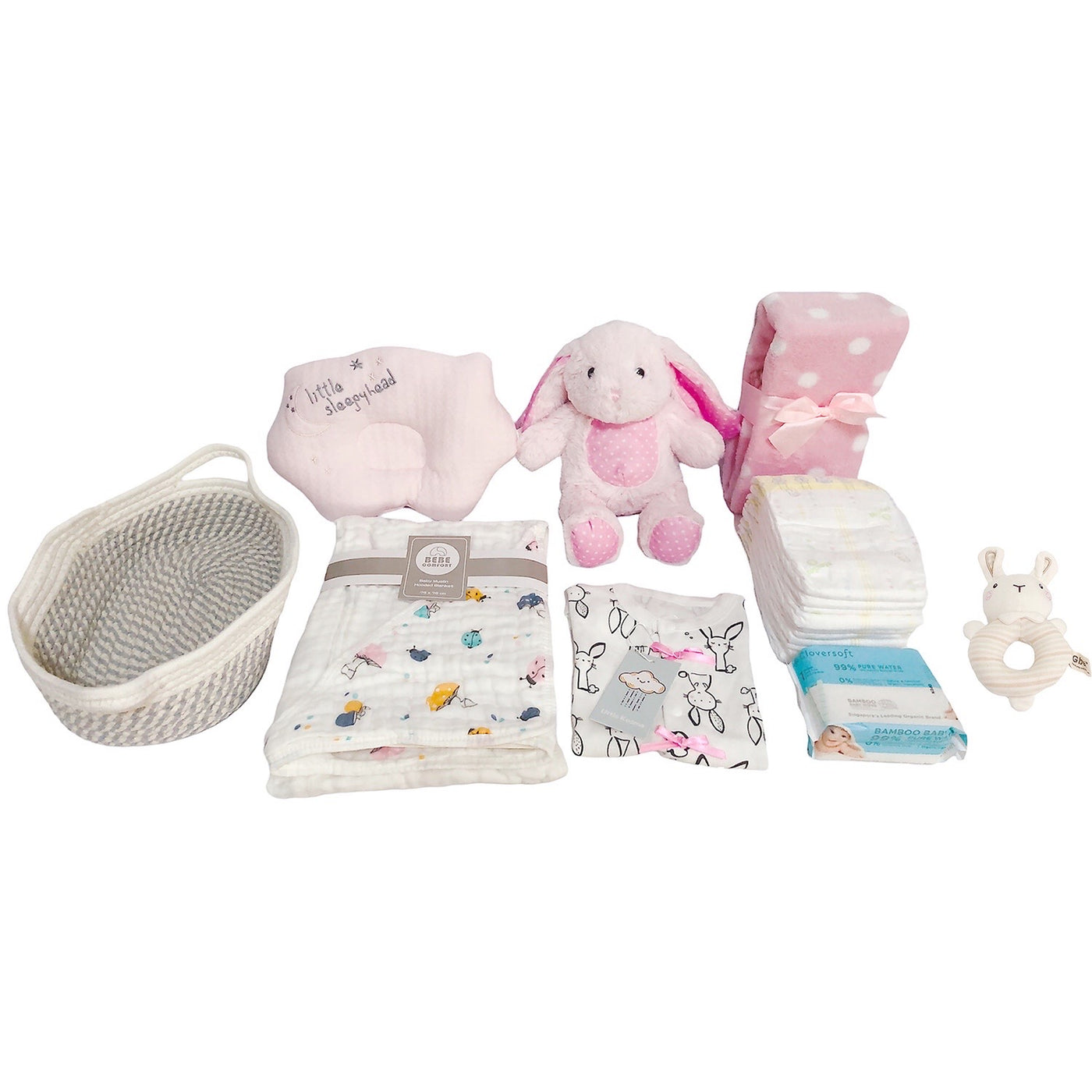 New Born Baby Girl LED Light Diaper Layette Toy Receiving Blanket Pillow Romper Pink Bunny Gift Hamper - Little Kooma