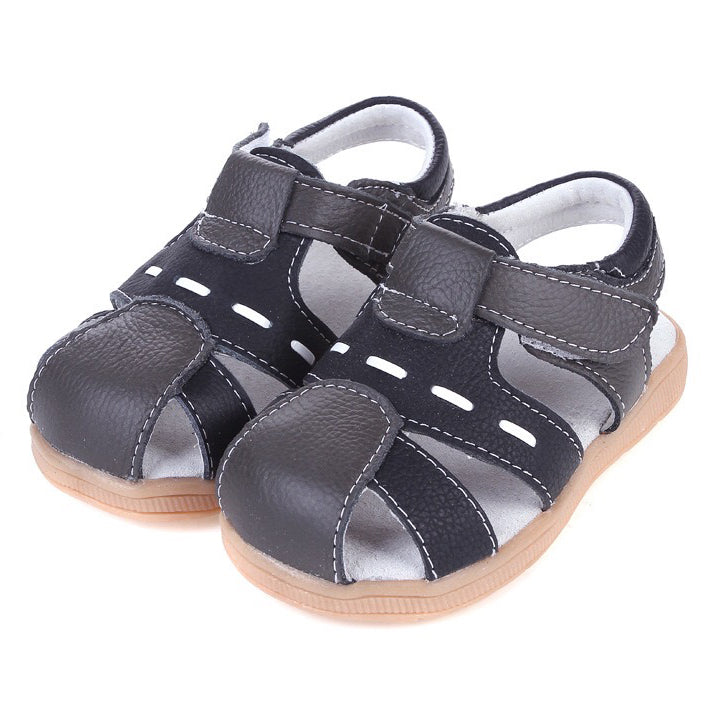 Boy’s Leather Sandals Shoes Dark Grey n Black Magic Tape - SQF4 - Little Kooma