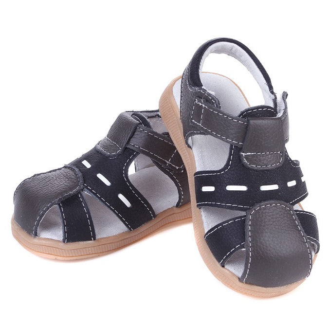 Boy’s Leather Sandals Shoes Dark Grey n Black Magic Tape - SQF4 - Little Kooma