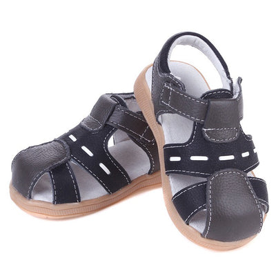 Boy’s Leather Sandals Shoes Dark Grey n Black Magic Tape - SQF4 - Little Kooma