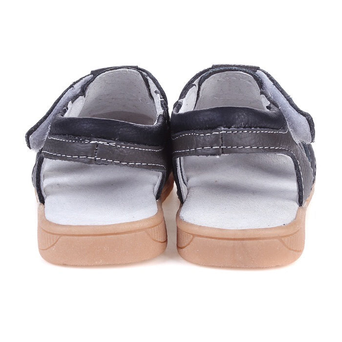 Boy’s Leather Sandals Shoes Dark Grey n Black Magic Tape - SQF4 - Little Kooma