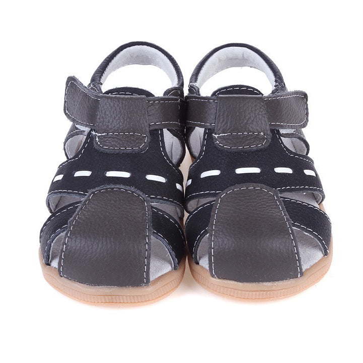 Boy’s Leather Sandals Shoes Dark Grey n Black Magic Tape - SQF4 - Little Kooma