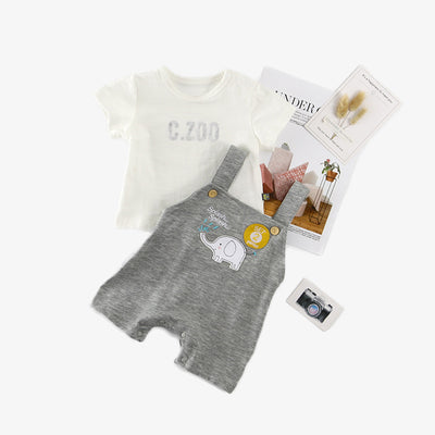 Baby Boy White Top n Grey Overalls w Elephant Set - 0930 - Little Kooma