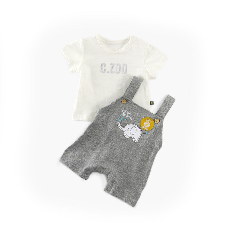 Baby Boy White Top n Grey Overalls w Elephant Set - 0930 - Little Kooma