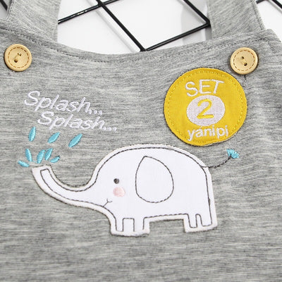 Baby Boy White Top n Grey Overalls w Elephant Set - 0930 - Little Kooma