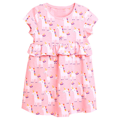 Kids Baby Girl's Pink Short Sleeve Pink Unicorn Dress - 1021 - Little Kooma