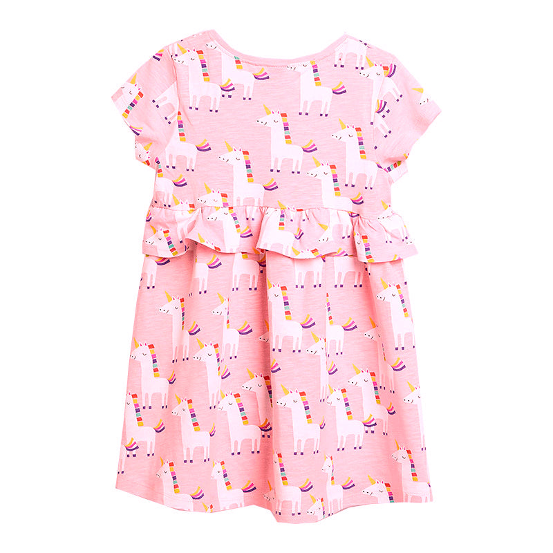 Kids Baby Girl's Pink Short Sleeve Pink Unicorn Dress - 1021 - Little Kooma