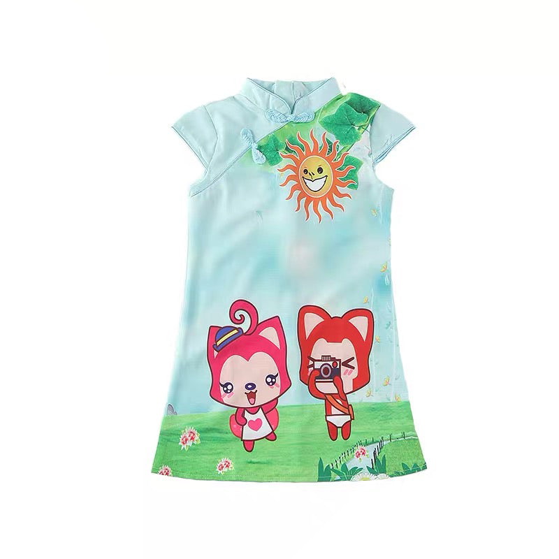 Kids Girl Cheongsam Dress Light Green w Foxes - Little Kooma
