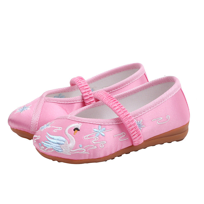 CNY Kids Girl Pink Anti-slip Textile Flats Embroidered Swan 069 - Little Kooma