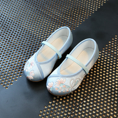 CNY Kids Girl Blue Anti-slip Textile Flats Embroidered Flowers 034 - Little Kooma