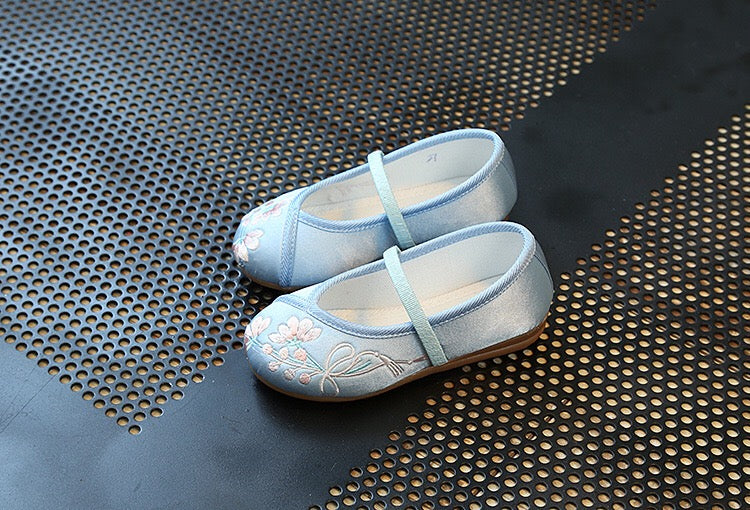 CNY Kids Girl Blue Anti-slip Textile Flats Embroidered Flowers 034 - Little Kooma