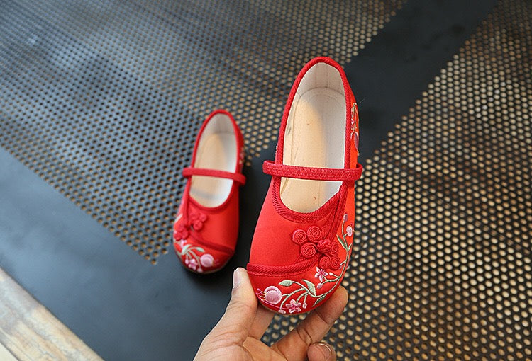 CNY Kids Girl Anti-slip Textile Flats Embroidered Flowers 033 - Little Kooma