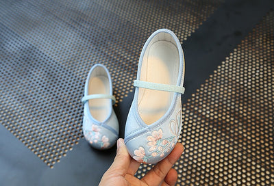 CNY Kids Girl Blue Anti-slip Textile Flats Embroidered Flowers 034 - Little Kooma