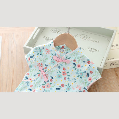 [KG04] Kids Girls Pink n Yellow Flowers Cheongsam Dress Cap Sleeves CNY Chinese New Year Outfit - Little Kooma