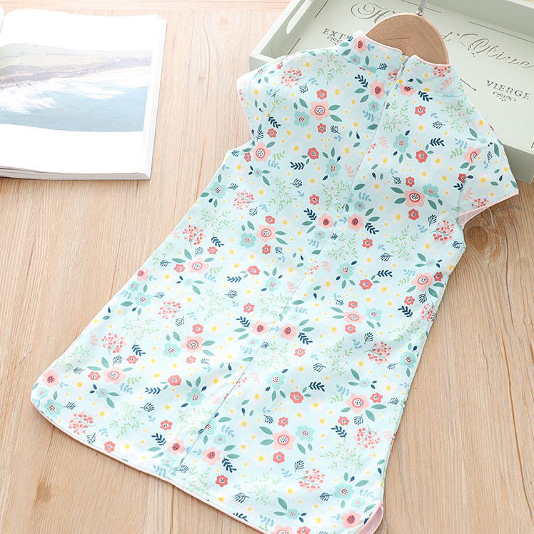 [KG04] Kids Girls Pink n Yellow Flowers Cheongsam Dress Cap Sleeves CNY Chinese New Year Outfit - Little Kooma