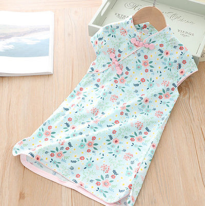 [KG04] Kids Girls Pink n Yellow Flowers Cheongsam Dress Cap Sleeves CNY Chinese New Year Outfit - Little Kooma