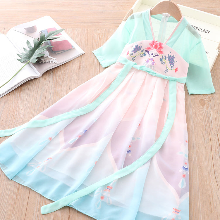 [KG05] Kids Girls Voile Splicing Cheongsam Dress w Lotus Flowers CNY Chinese New Year Outfit - Little Kooma