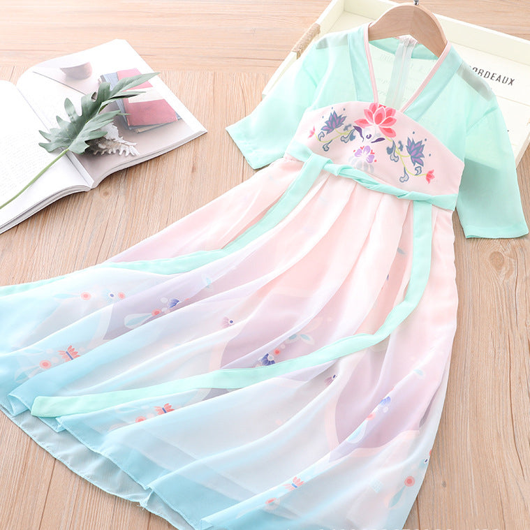 [KG05] Kids Girls Voile Splicing Cheongsam Dress w Lotus Flowers CNY Chinese New Year Outfit - Little Kooma