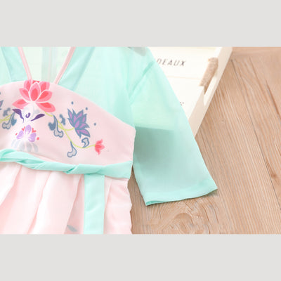 [KG05] Kids Girls Voile Splicing Cheongsam Dress w Lotus Flowers CNY Chinese New Year Outfit - Little Kooma