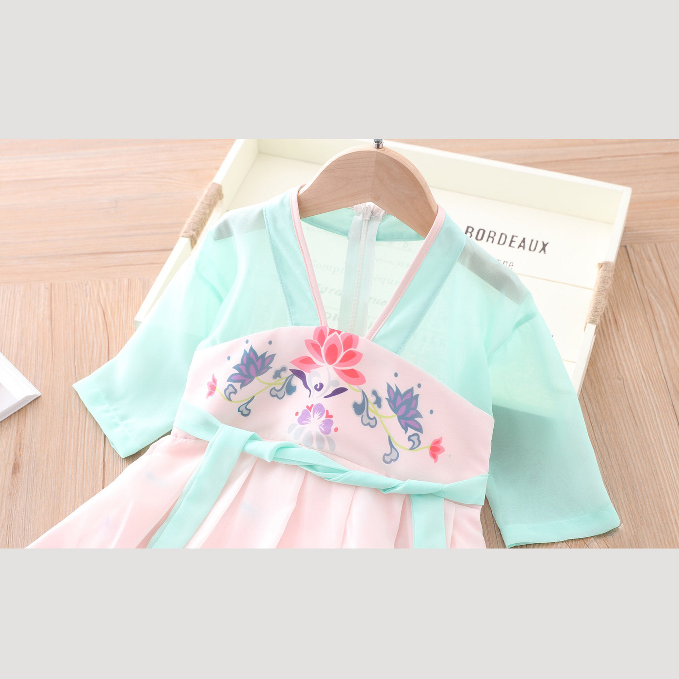 [KG05] Kids Girls Voile Splicing Cheongsam Dress w Lotus Flowers CNY Chinese New Year Outfit - Little Kooma