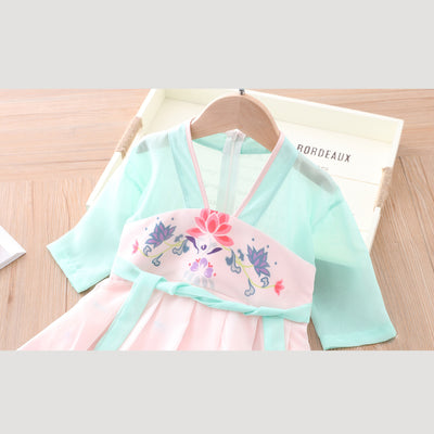 [KG05] Kids Girls Voile Splicing Cheongsam Dress w Lotus Flowers CNY Chinese New Year Outfit - Little Kooma
