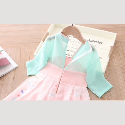 [KG05] Kids Girls Voile Splicing Cheongsam Dress w Lotus Flowers CNY Chinese New Year Outfit - Little Kooma