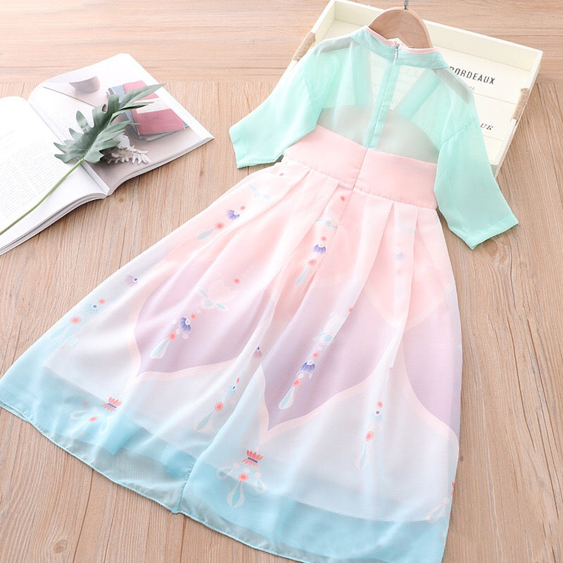 [KG05] Kids Girls Voile Splicing Cheongsam Dress w Lotus Flowers CNY Chinese New Year Outfit - Little Kooma