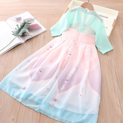 [KG05] Kids Girls Voile Splicing Cheongsam Dress w Lotus Flowers CNY Chinese New Year Outfit - Little Kooma