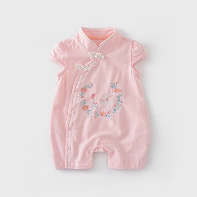 [BG01] Baby Girl Pink Cheongsam Romper Embroidered Bunny n Flowers - Little Kooma