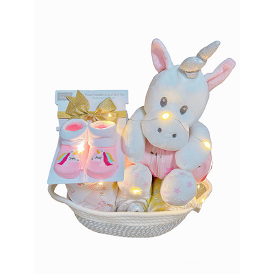 New Born Baby Girl LED Light Diaper Layette Toy Receiving Blanket Sleepsuit Unicorn Gift Hamper - Little Kooma