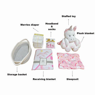 New Born Baby Girl LED Light Diaper Layette Toy Receiving Blanket Sleepsuit Unicorn Gift Hamper - Little Kooma