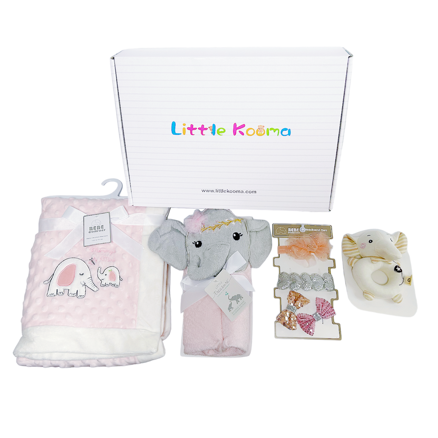 New Born Baby Girl Little Kooma Brand Gift Box Pink Elephant Dotted Blanket Hooded Towel Hand Rattle Set - Little Kooma