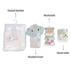 New Born Baby Girl Little Kooma Brand Gift Box Pink Elephant Dotted Blanket Hooded Towel Hand Rattle Set - Little Kooma