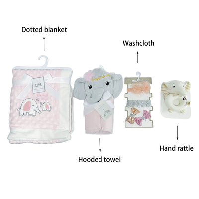 New Born Baby Girl Little Kooma Brand Gift Box Pink Elephant Dotted Blanket Hooded Towel Hand Rattle Set - Little Kooma