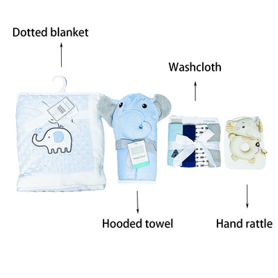 New Born Baby Boy Little Kooma Brand Gift Box Blue Elephant Dotted Blanket Hooded Towel Hand Rattle Set - Little Kooma