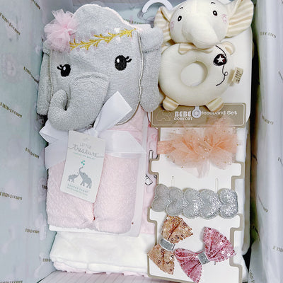 New Born Baby Girl Little Kooma Brand Gift Box Pink Elephant Dotted Blanket Hooded Towel Hand Rattle Set - Little Kooma