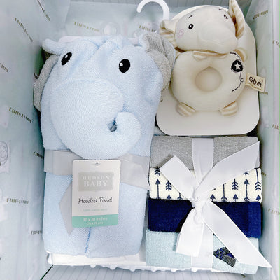 New Born Baby Boy Little Kooma Brand Gift Box Blue Elephant Dotted Blanket Hooded Towel Hand Rattle Set - Little Kooma