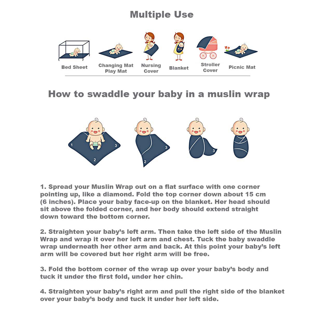 New Born Baby Bamboo Cotton Swaddle Muslin Blanket - Little Kooma